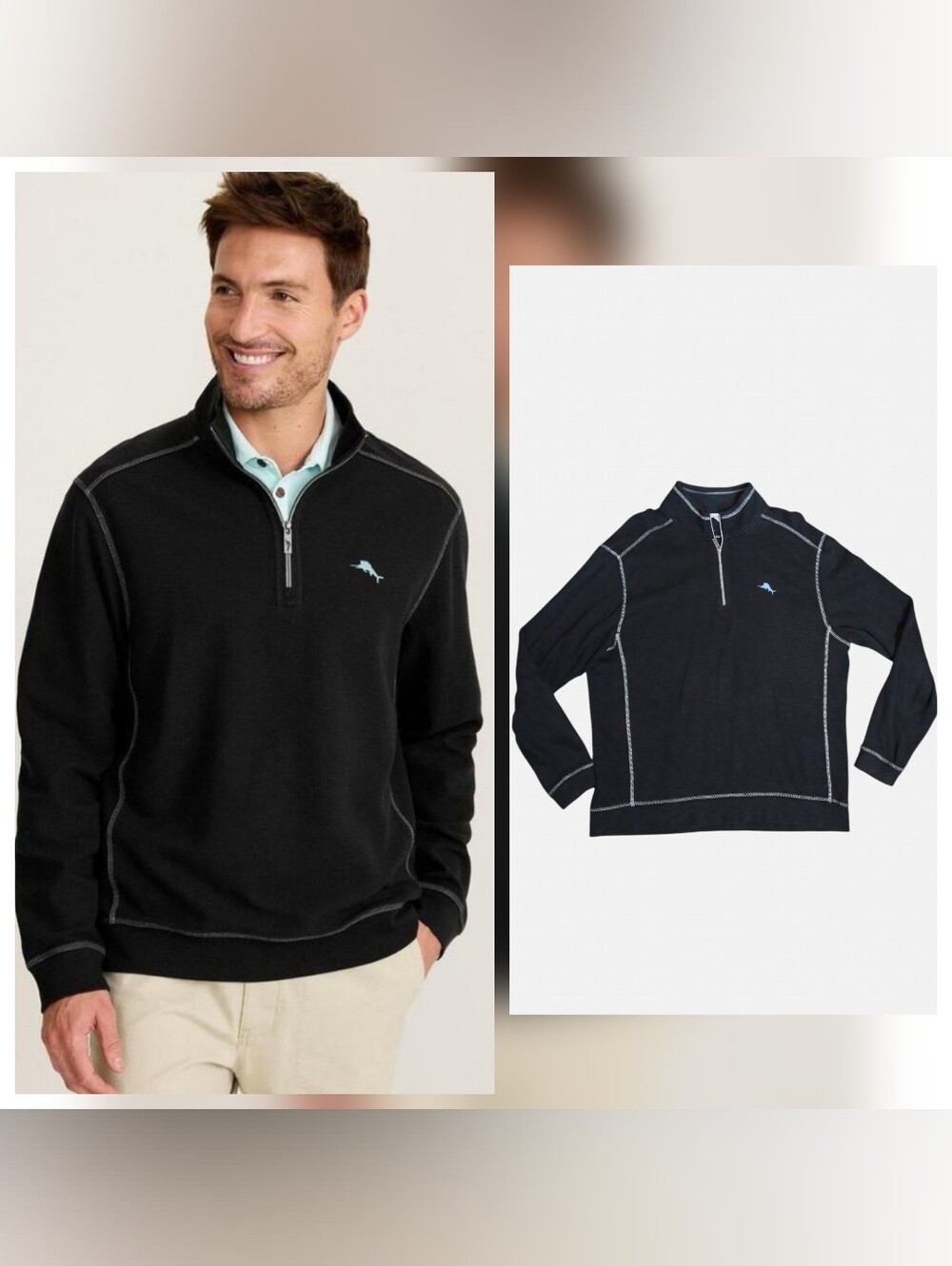 Tommy Bahama Tobago Bay Half Zip  Sweater Men's XL Pullover Black 1/4 Sweatshirt